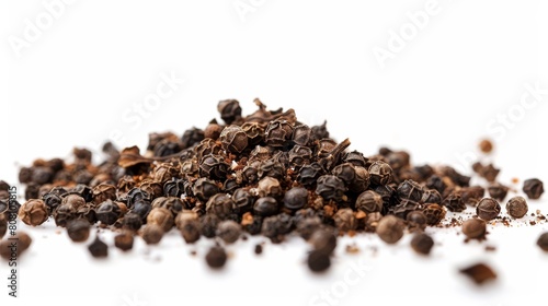Macro photography of crushed black pepper, displaying the coarse texture and aromatic qualities against a clean, white background photo