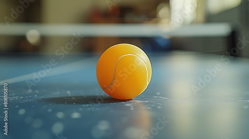A closeup of Table Tennis ball, against Table as background, hyperrealistic sports accessory photography, copy space