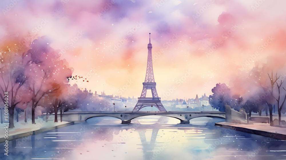 Generate a watercolor background with a dreamy Paris skyline at dusk, including the Eiffel Tower and River Seine