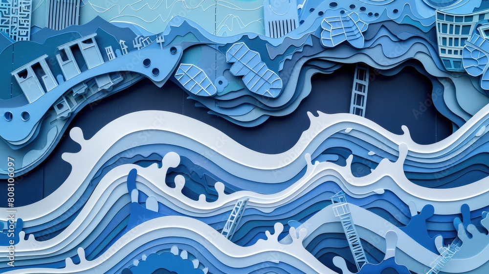 A layered papercut of a flood barrier with waves lapping over the top, symbolizing the failure of defenses against sea level rise. A layered papercut of a flood barrier with waves lapping over the top, symbolizing the failure of defenses against sea level rise.