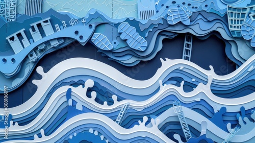 A layered papercut of a flood barrier with waves lapping over the top, symbolizing the failure of defenses against sea level rise.
