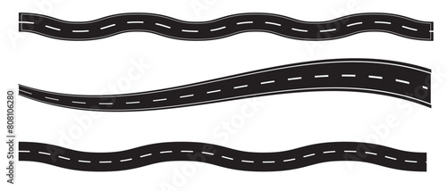 Road icon.  Asphalt Road with  White Lines. Winding road vector illustration.  Highway road icons.