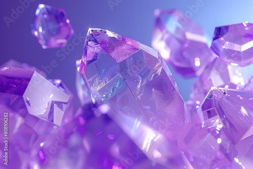 Geometric crystals floating in a violet space  suggesting concepts of fragility or preciousness
