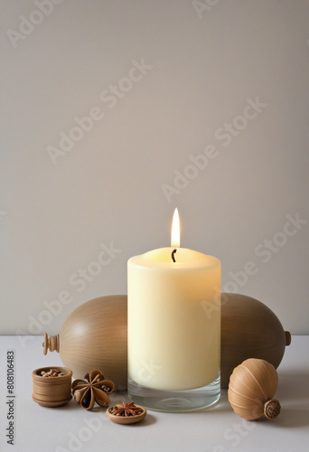 Minimal spa candle creating an aromatic atmosphere on a beige table  perfect for relaxation and romantic moments with copy space for your product label 