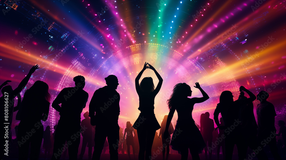 A group of friends dancing in a circle, silhouetted against the colorful lights of a music festival stage