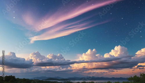 Enchanted sky and cloud illustration featuring a colorful and shimmering cosmic landscape