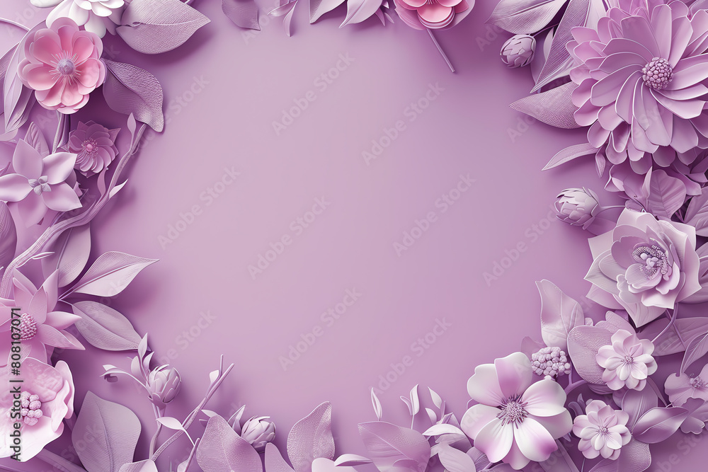 Light purple background with a wreath of purple and pink flowers.