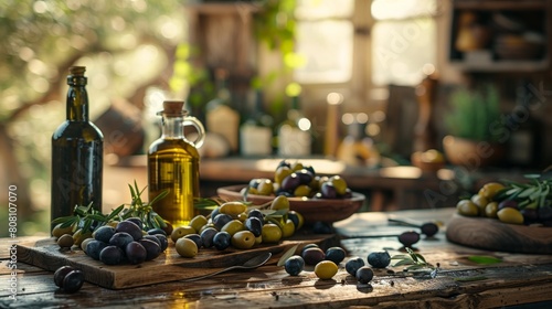 mediterranean table setting, a mediterranean-inspired scene with a rustic wooden table featuring olives, olive oil bottles, and a drizzler photo