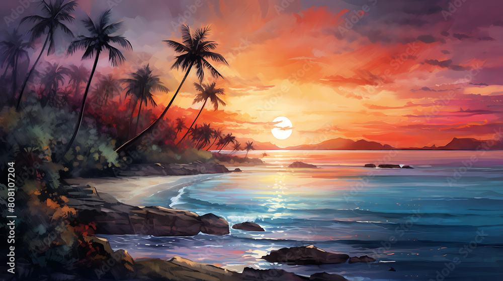 Illustrate a watercolor background of a tropical beach paradise at twilight