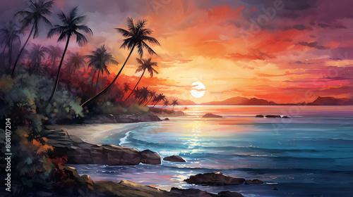 Illustrate a watercolor background of a tropical beach paradise at twilight © Sunny