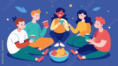 A group of friends sit in a circle passing around a bowl of snacks and eating slowly mindfully savoring each bite..