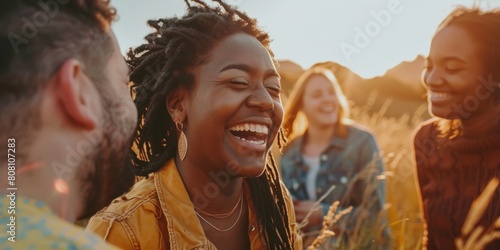 Friends of different nationalities laughing and having fun in a field in tall grass, banner photo