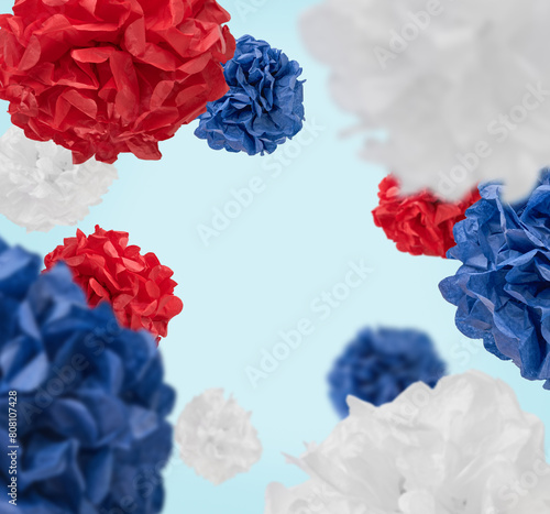 Happy 4th of July Holiday. Flying or levitation USA decorative paper balls and small flags, red, blue and white colors American flag on blue background. Labor, Independence or Presidents Day. Mock up
