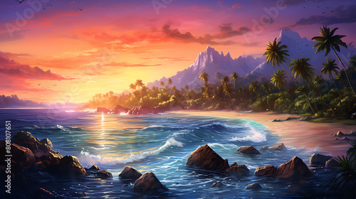 Illustrate a watercolor background of a tropical beach paradise at twilight