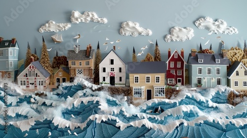 A papercut diorama of a coastal town during a high tide event, with water spilling into streets and homes. photo
