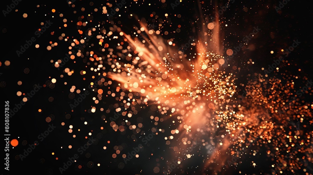 Fiery particles scattering in the air, simulating a firework explosion