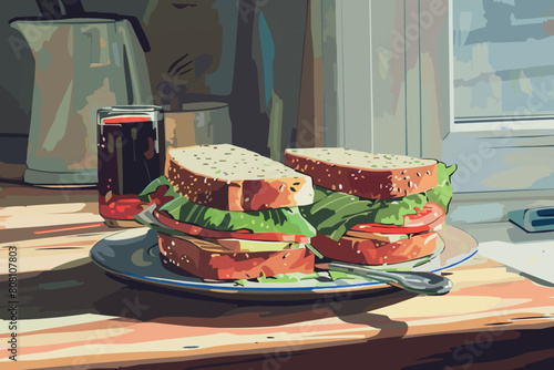 Ham and cheese sandwich with lettuce and pickles.