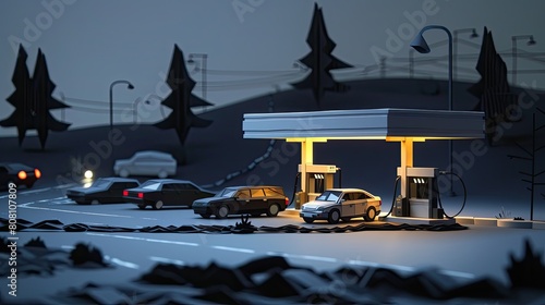 A papercut diorama of a gas station at night, with cars filling up and black paper representing the flowing fuel.