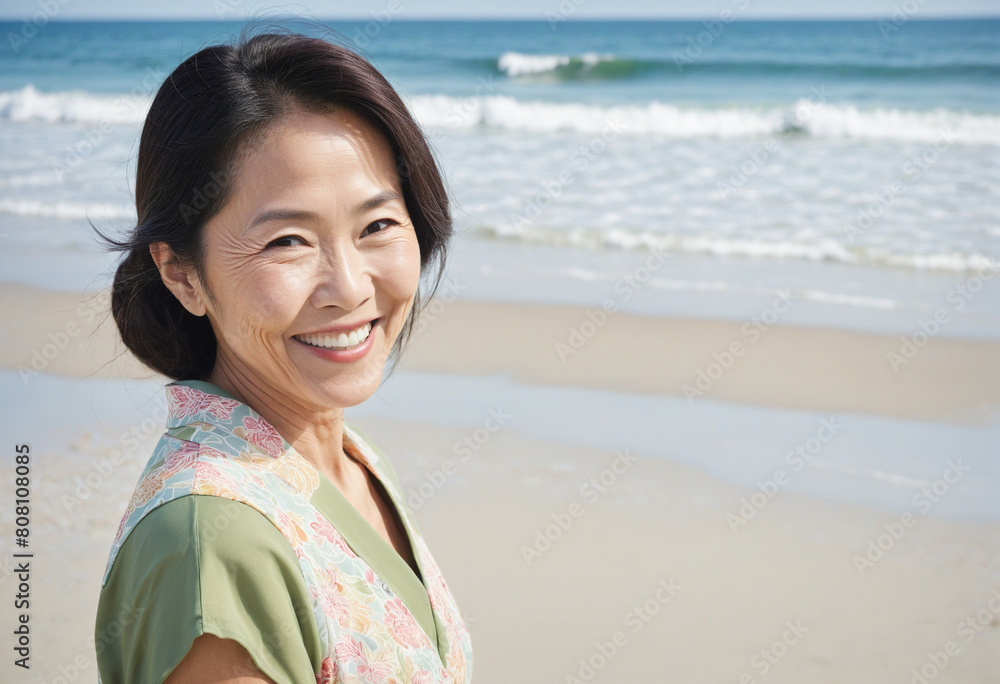 Elderly Japanese lady enjoying a peaceful day by the sea Elderly Japanese lady enjoying a peaceful day by the sea