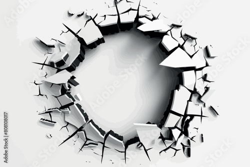 Exploding wall with free area on center. Dark destruction cracked hole in white stone wall. 3d render illustration