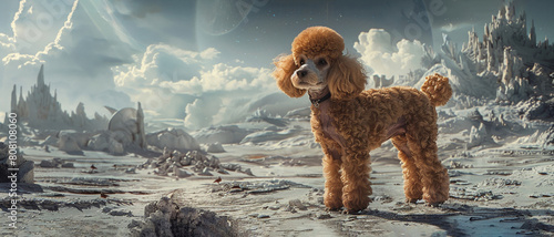 In a desolate futuristic landscape, a poodle stands abandoned, untethered and trembling with fear, highlighting themes of isolation and vulnerability amidst technological advancement photo