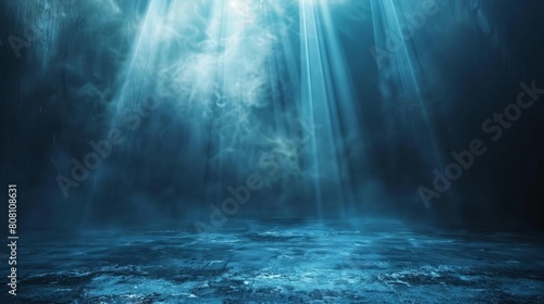 Mystical dark blue spotlight background, perfect for dramatic or theatrical presentations photo