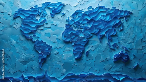 A papercut map of the world with certain areas submerged in blue paper, indicating regions affected by rising sea levels.