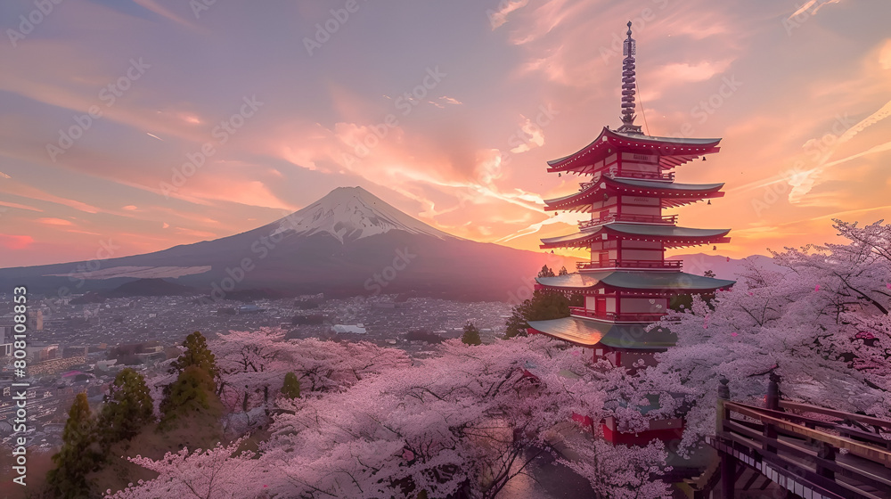 Fujiyoshida Japan Beautiful view of mountain Fuji, generative ai