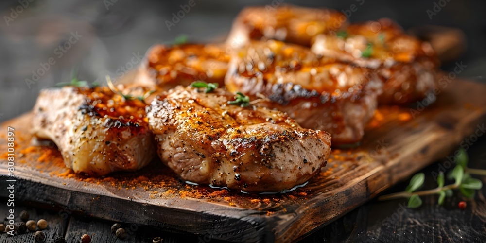 Pork chops seasoned with aromatic spices on a rustic wooden board. Concept Food Photography, Gourmet Cuisine, Flavorful Ingredients, Cooking Inspiration, Gastronomic Art