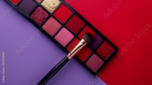 Palette for makeup, eye makeup on a red, purple background.