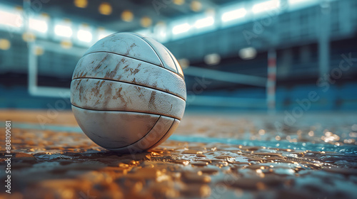 A closeup of Volleyball, against Court as background, hyperrealistic sports accessory photography, copy space
