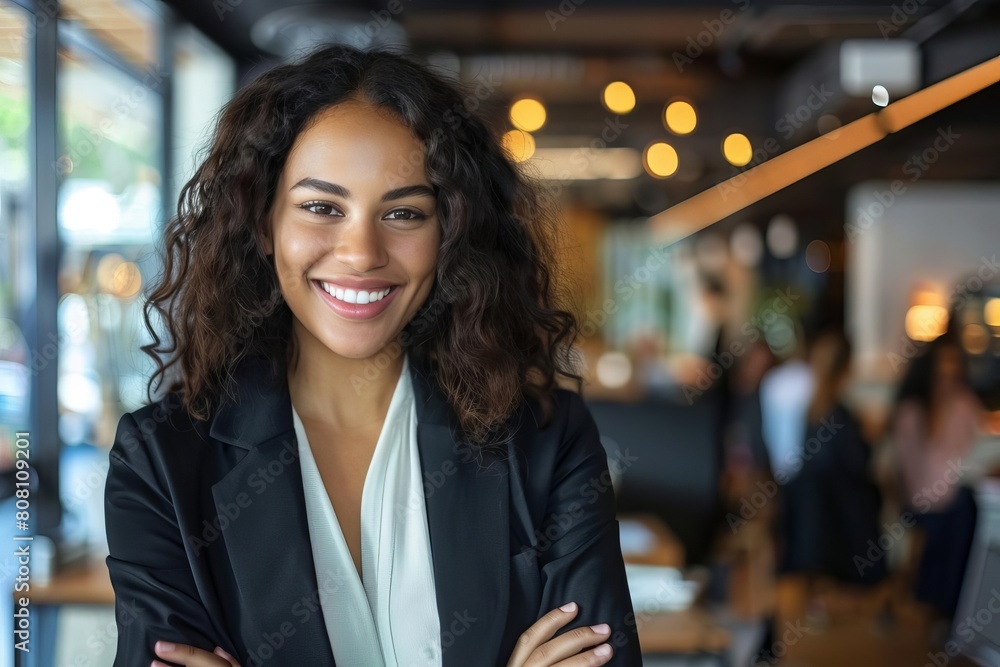 Obraz premium Smiling businesswoman in a modern office environment