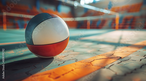 A closeup of Volleyball, against Court as background, hyperrealistic sports accessory photography, copy space