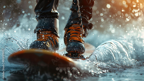 A closeup of Wakeboarding Wakeboard, against Water as background, hyperrealistic sports accessory photography, copy space