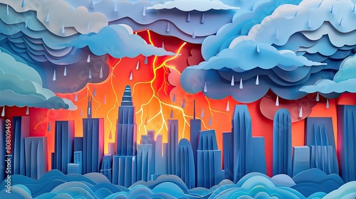 A papercut scene showing a city experiencing extreme weather, with paper lightning and storm clouds, symbolizing climate change.
