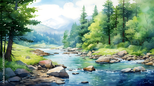 Illustrate a watercolor background featuring a peaceful river winding through a forest