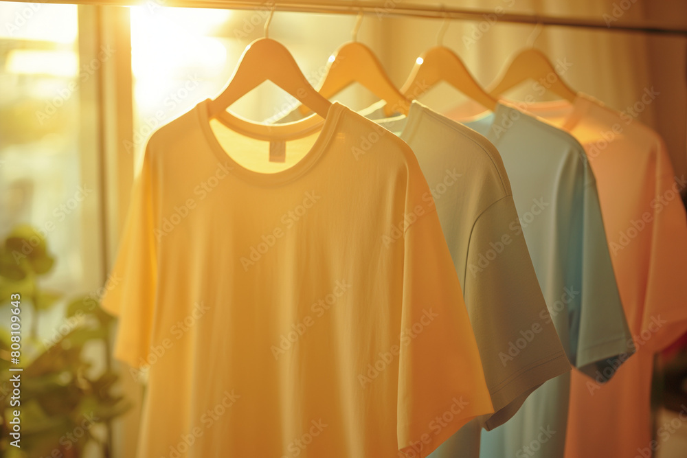 Close up of colorful plain shirts hanging on built-in clothes racks Close up of colorful plain shirts hanging on built-in clothes racks