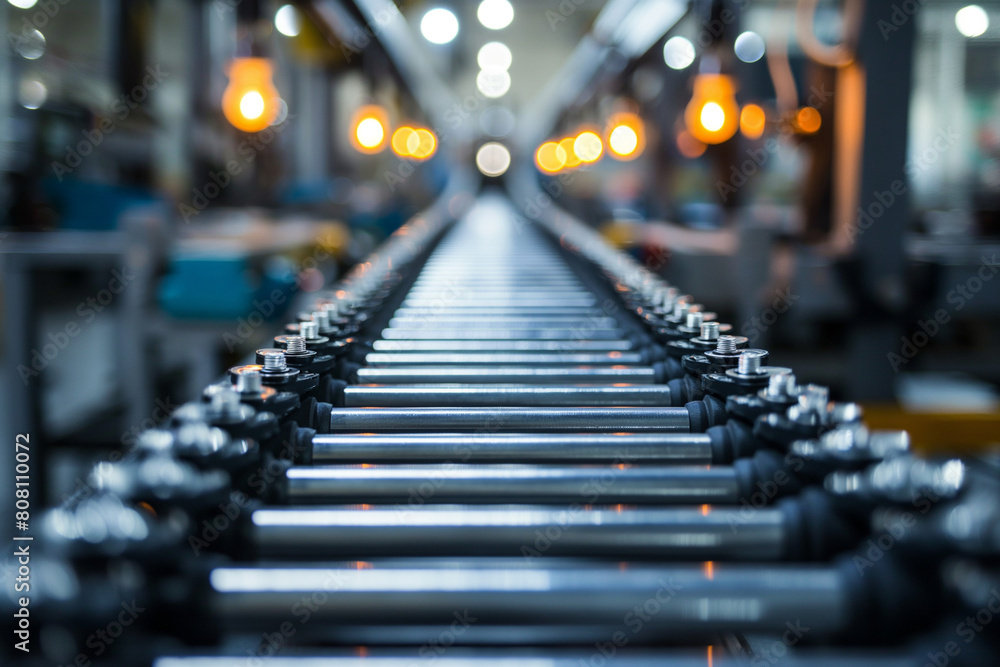 Close up of Conveyor belt in production line, industrial manufacture