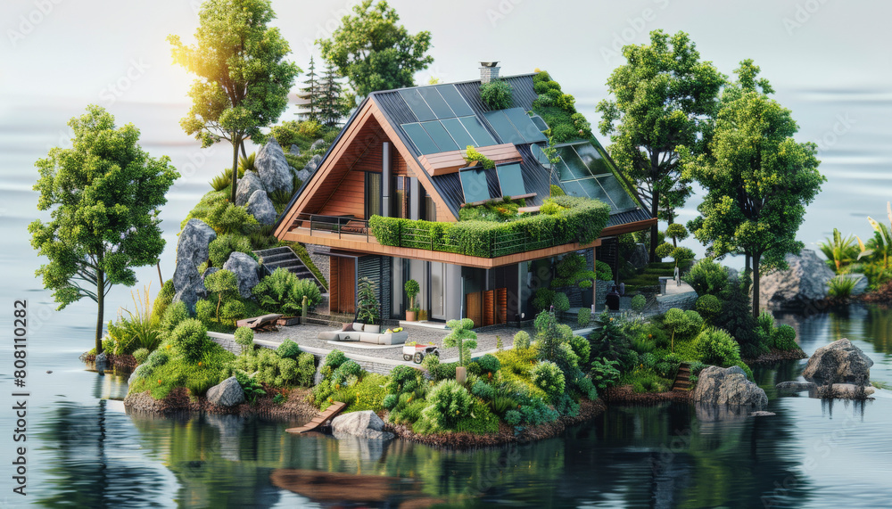 A modern eco-friendly house with solar panels on a lush green island surrounded by calm water, exemplifying sustainable living in a serene environment.