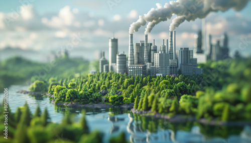 Carbon credit: stylized image contrasting industrial factories with smoking chimneys against a lush green forest,symbolizing the tension between industrial development and environmental conservation.