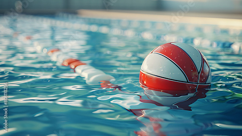 A closeup of Water polo ball, against Pool as background, hyperrealistic sports accessory photography, copy space