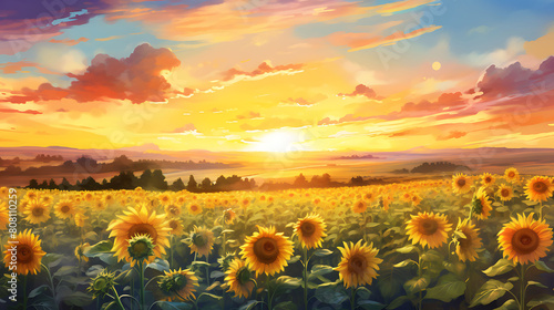Illustrate a watercolor background of a sunflower field at sunset, with the flowers turning towards the last light