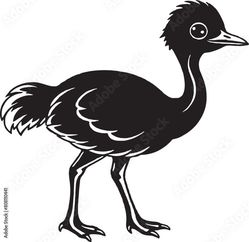 Black and white vector illustration of an emu on a white background