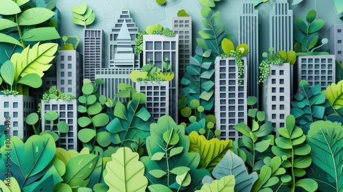 A vibrant papercut depicting a green rooftop garden on an urban building photo