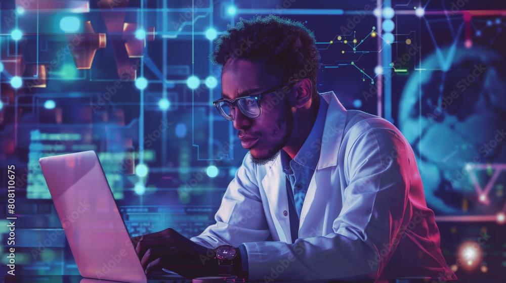 A focused individual analyzing data on a laptop with futuristic digital graphs overlaying the image, suggesting a high-tech or financial environment. A focused individual analyzing data on a laptop with futuristic digital graphs overlaying the image, suggesting a high-tech or financial environment.