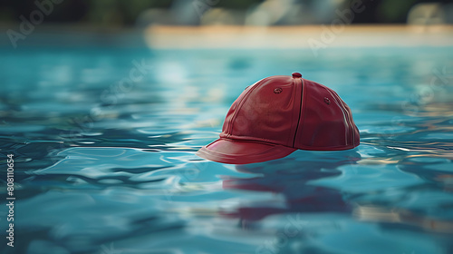 A closeup of Water polo cap, against Pool as background, hyperrealistic sports accessory photography, copy space