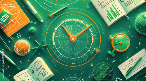 Illustration of navigation and exploration concepts, featuring a compass, maps, graphs, and airplane models, in a unified green-toned color scheme. photo