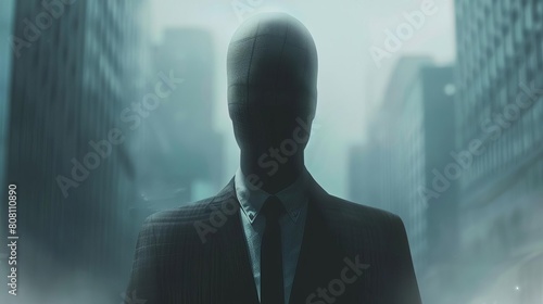 Computergenerated image of a faceless businessman, useful for themes on technology, virtual reality, or digital identity