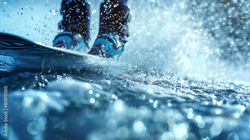 A closeup of Water Skiing Water ski, against Water as background, hyperrealistic sports accessory photography, copy space