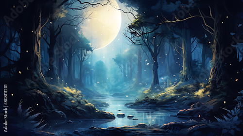 Illustrate a watercolor background depicting a mystical woodland clearing bathed in moonlight photo